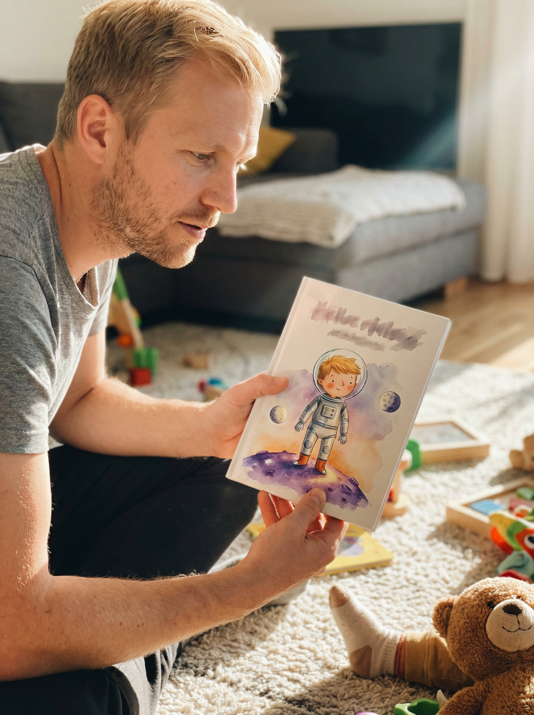 Thomas W. with their child's book